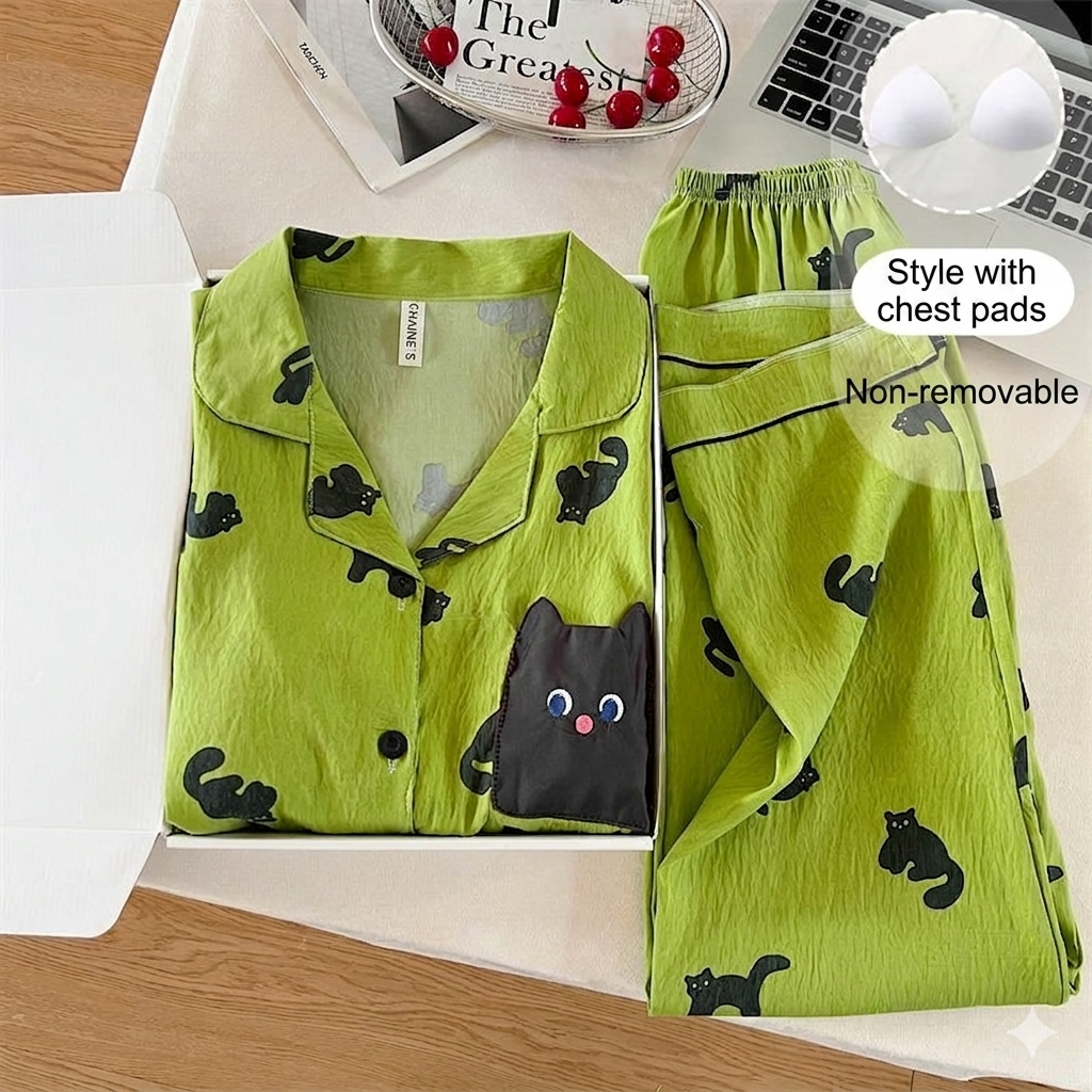 Matcha green pajama set with playful cat print from ZeroBra, featuring comfortable padded bra top and matching bottoms