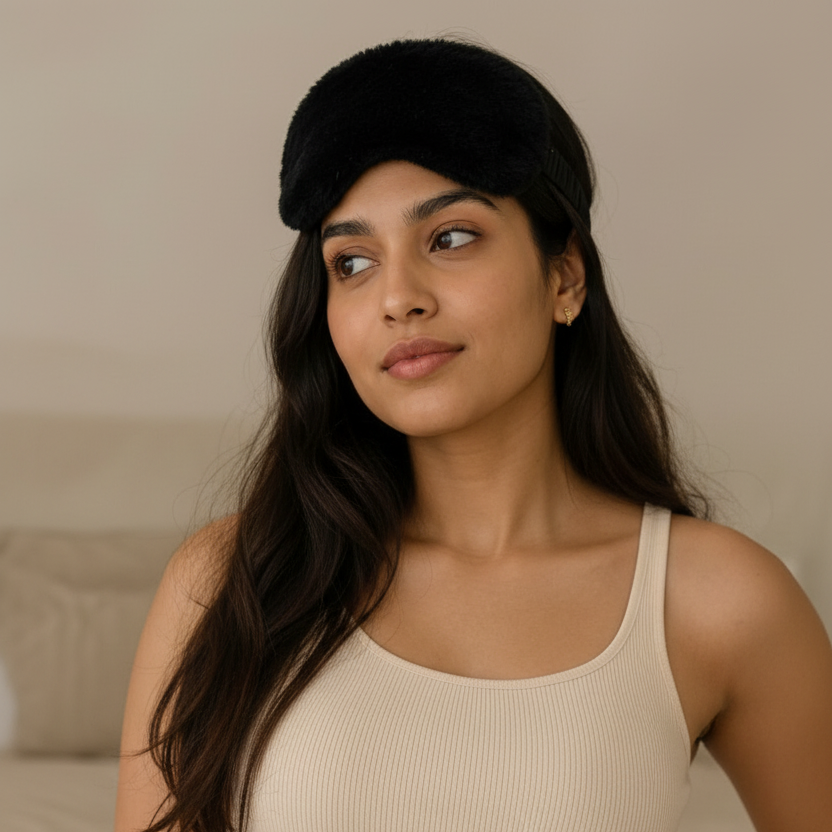 ZeroBra Midnight Plush Sleep Eye Mask in deep black, soft velvety texture for comfortable rest