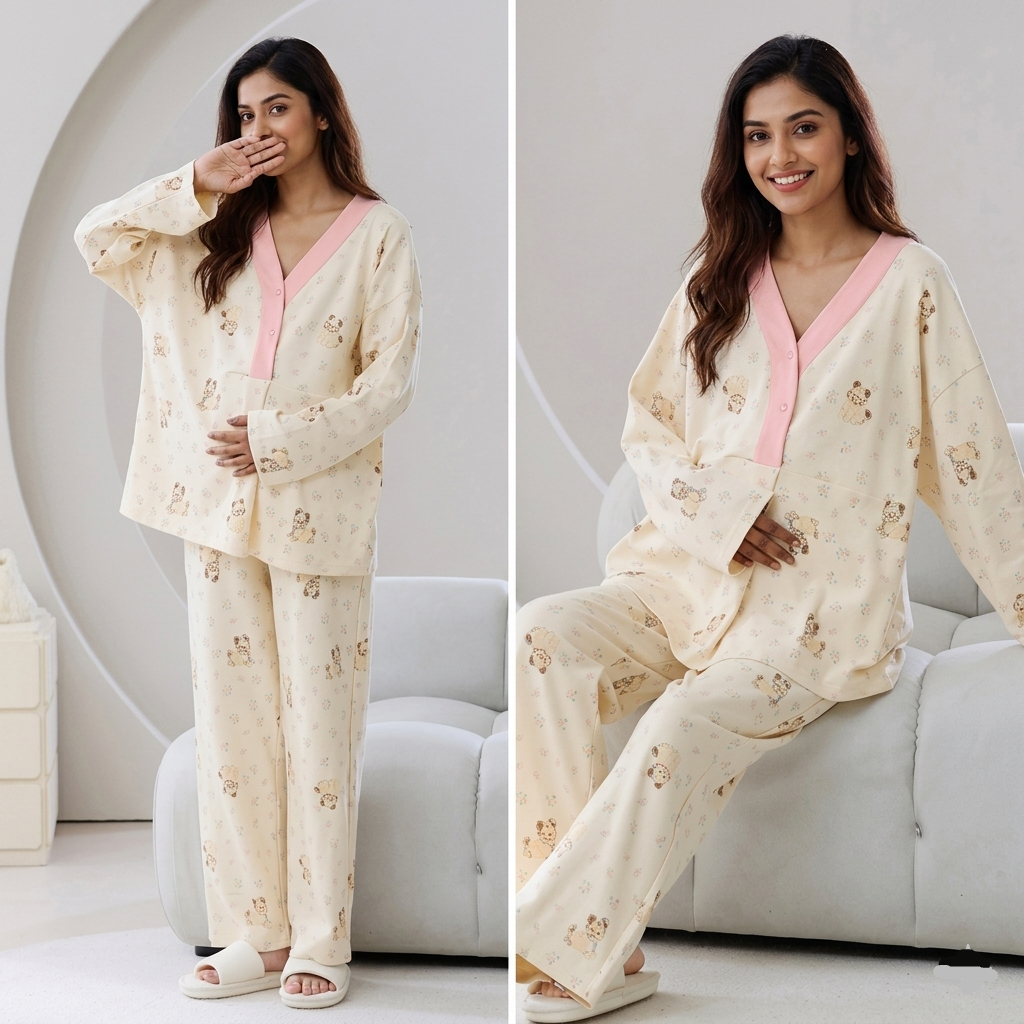 ZeroBra Maternity Teddy Bloom PJ Set in soft floral print with padded comfort, perfect for Indian mothers