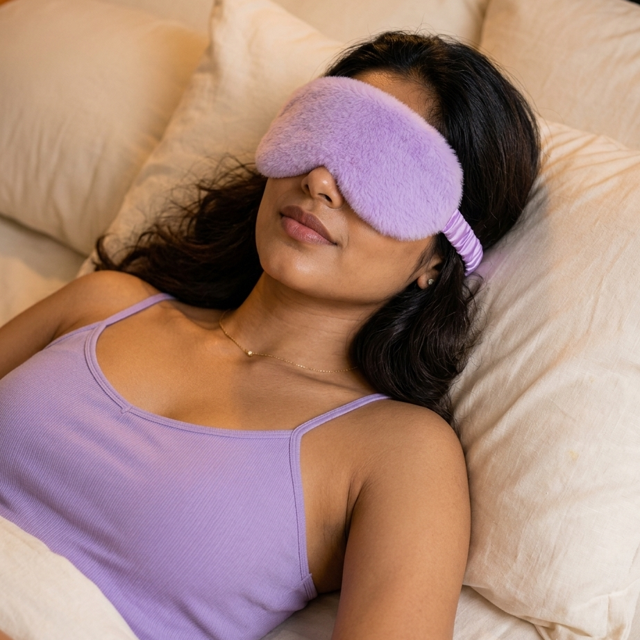 ZeroBra Lavender Dream Plush Sleep Eye Mask in soft purple, comfortable padded design for restful sleep