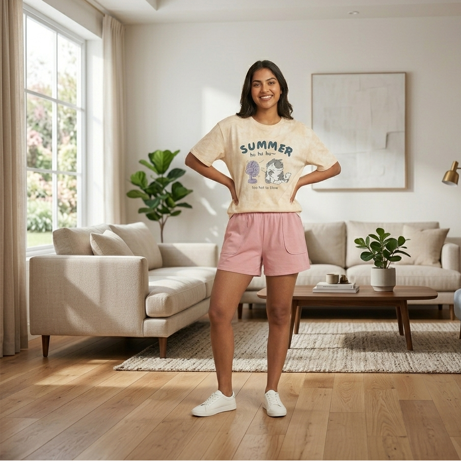 Peachy Summer Puff Lounge Set in soft peach color showing comfortable padded bra and pajama bottoms from ZeroBra