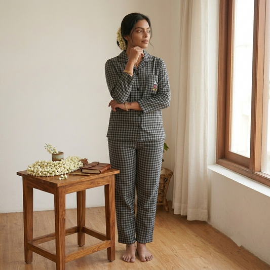 Midnight Check Mickey Padded Pajama Set in navy checkered pattern - comfortable sleepwear by ZeroBra India