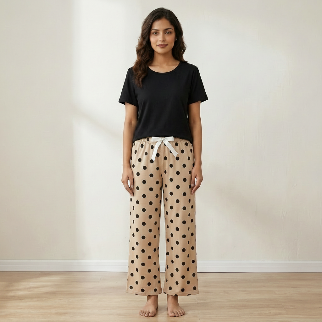 Parisian Polka Lounge Set in polka dot print - comfortable Indian nightwear with built-in padded bra by ZeroBra