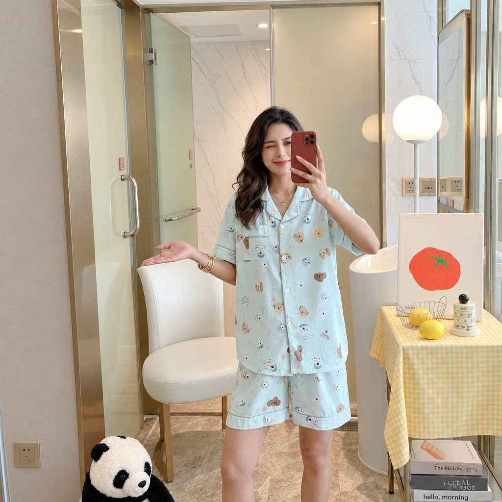 Sky Puppy Dreams 3-piece padded pajama set in soft blue with cute cartoon puppies - comfortable sleepwear by ZeroBra