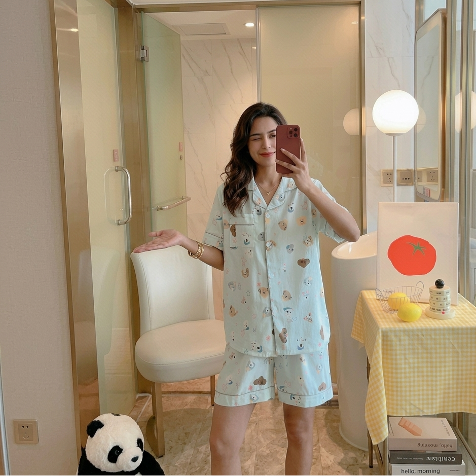 Sky Puppy Dreams 3-piece padded pajama set in soft blue with cute cartoon puppies - comfortable sleepwear by ZeroBra