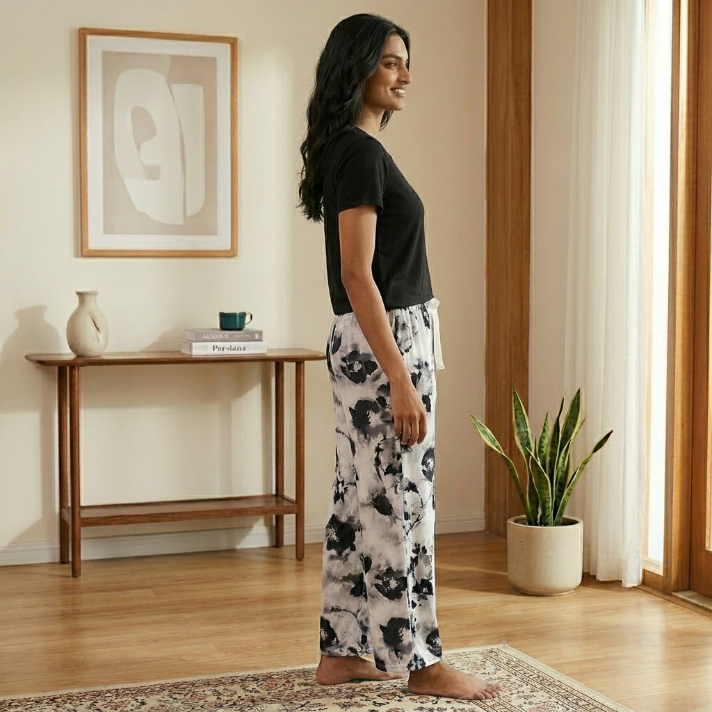 Midnight Bloom Lounge Set in dark floral print with built-in padded bra, comfortable Indian nightwear by ZeroBra