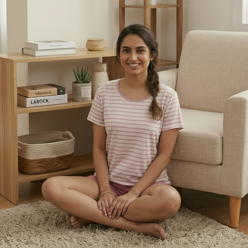 Blush Candy Stripe PJ Set with built-in padded bra comfort, cozy pink striped pajamas by ZeroBra India