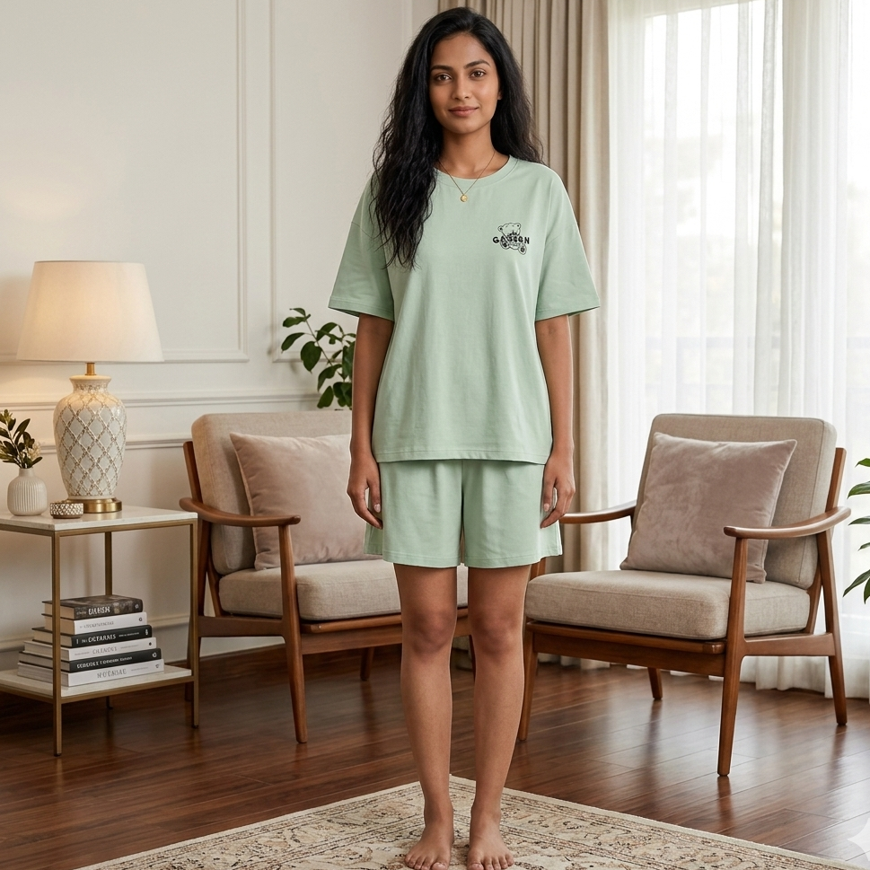 Mint green Teddy Sleep Tee with built-in padded bra comfort, soft pajama style by ZeroBra Indian lingerie