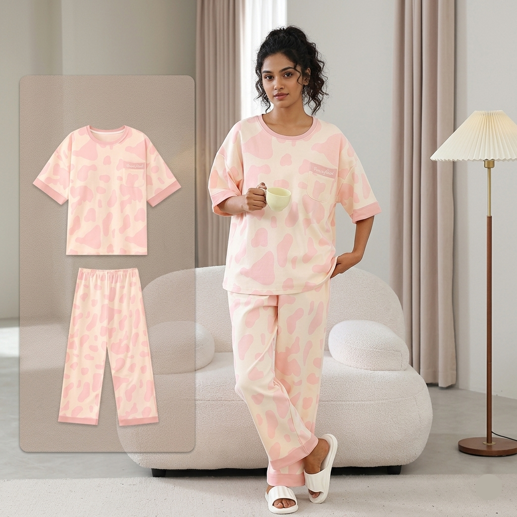 Blush pink Moo Dream pajama set with padded bra top, comfortable sleepwear from ZeroBra Indian lingerie brand