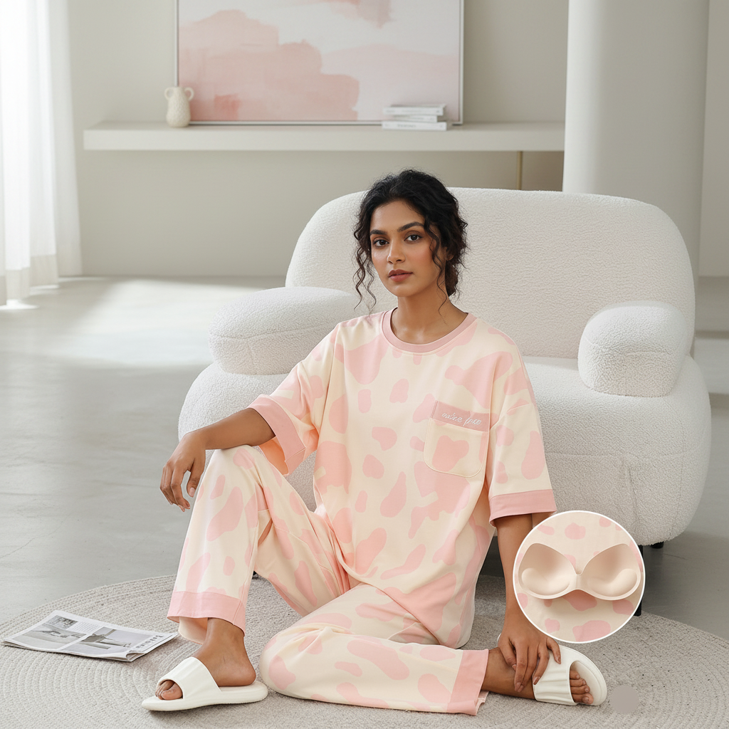 Blush pink Moo Dream PJ Set with comfortable padded bra top, soft pajama pants - ZeroBra Indian lingerie