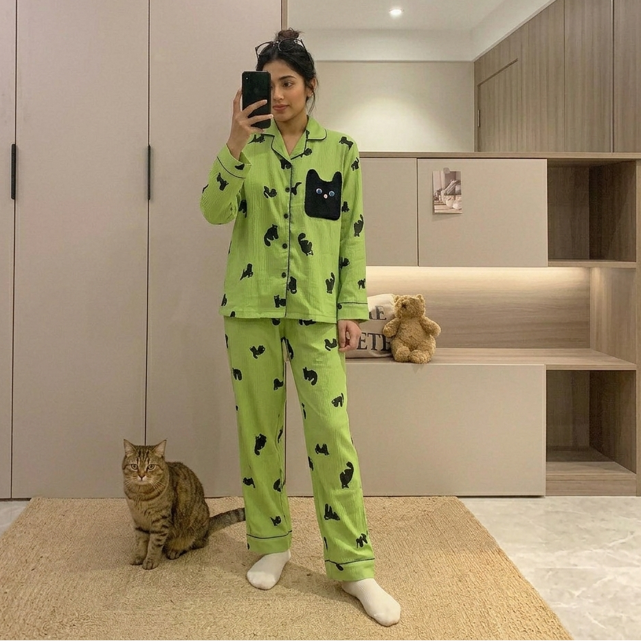 Matcha green padded pajama set with playful cat print, comfortable Indian sleepwear by ZeroBra