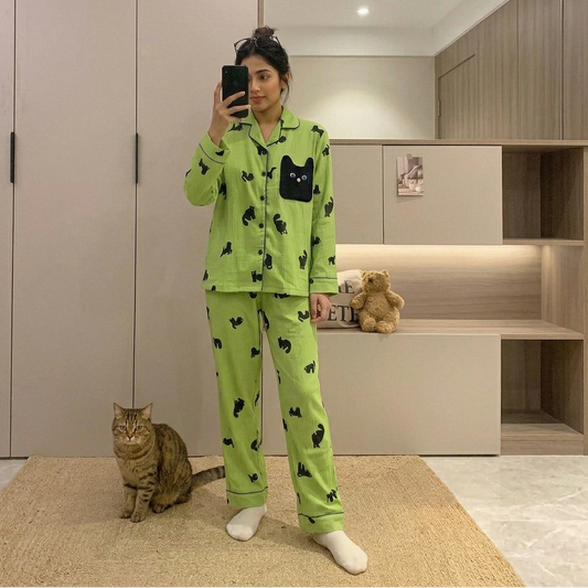 Matcha green padded pajama set with playful cat print, comfortable Indian sleepwear by ZeroBra
