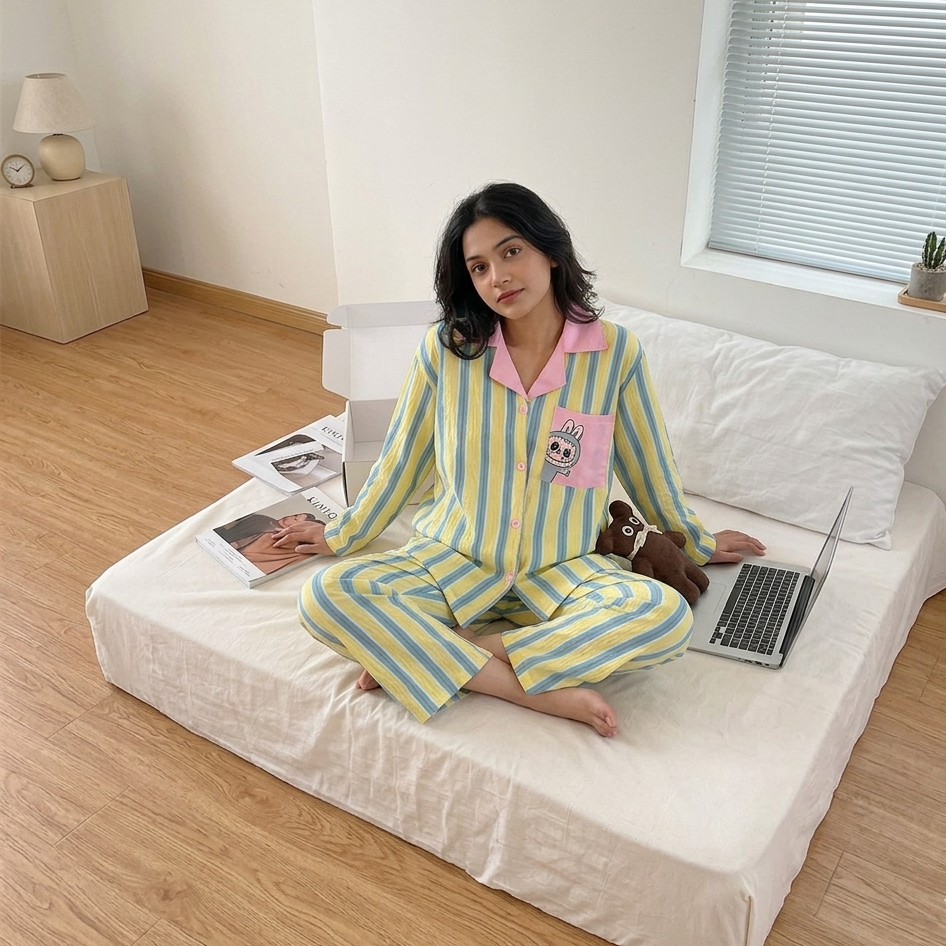 Candy Stripe Cartoon Padded Pajama Set in colorful stripes with playful cartoon prints - comfortable Indian loungewear by ZeroBra