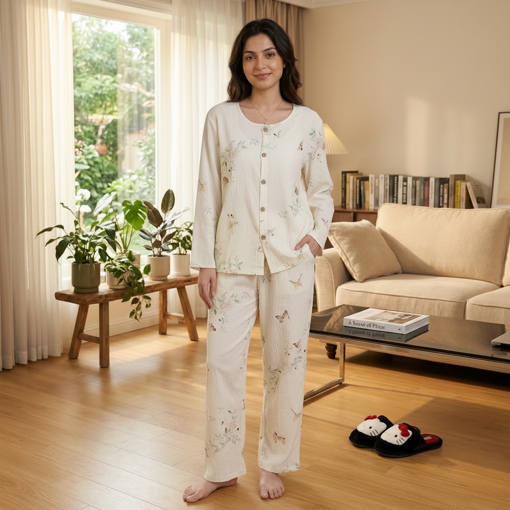 Botanical Breeze Comfort Set in soft floral print - ZeroBra's padded nightwear pajama set for comfortable sleep