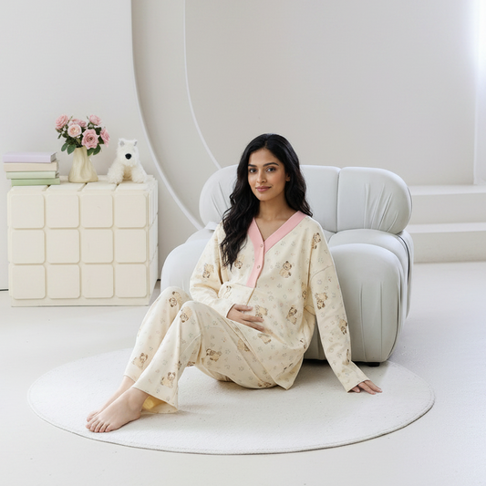 ZeroBra Maternity Teddy Bloom PJ Set in soft floral print with padded comfortable bra top for Indian mothers