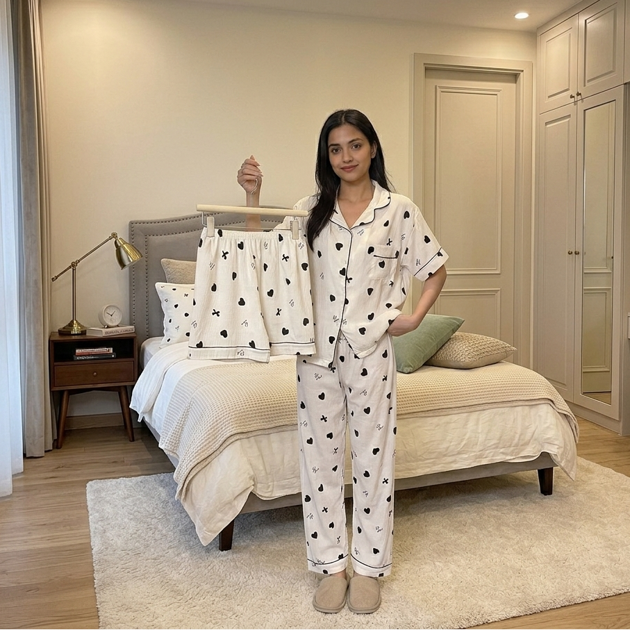 Midnight Hearts 3-Piece Padded PJ Set in monochrome showing comfortable Indian lounge bra and pajamas by ZeroBra