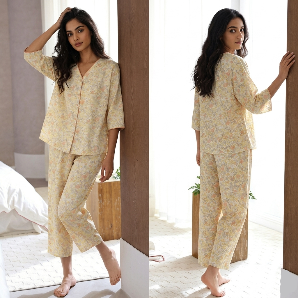 Golden Meadow floral lounge set in sunlit yellow with padded bra top, comfortable Indian pajama style by ZeroBra