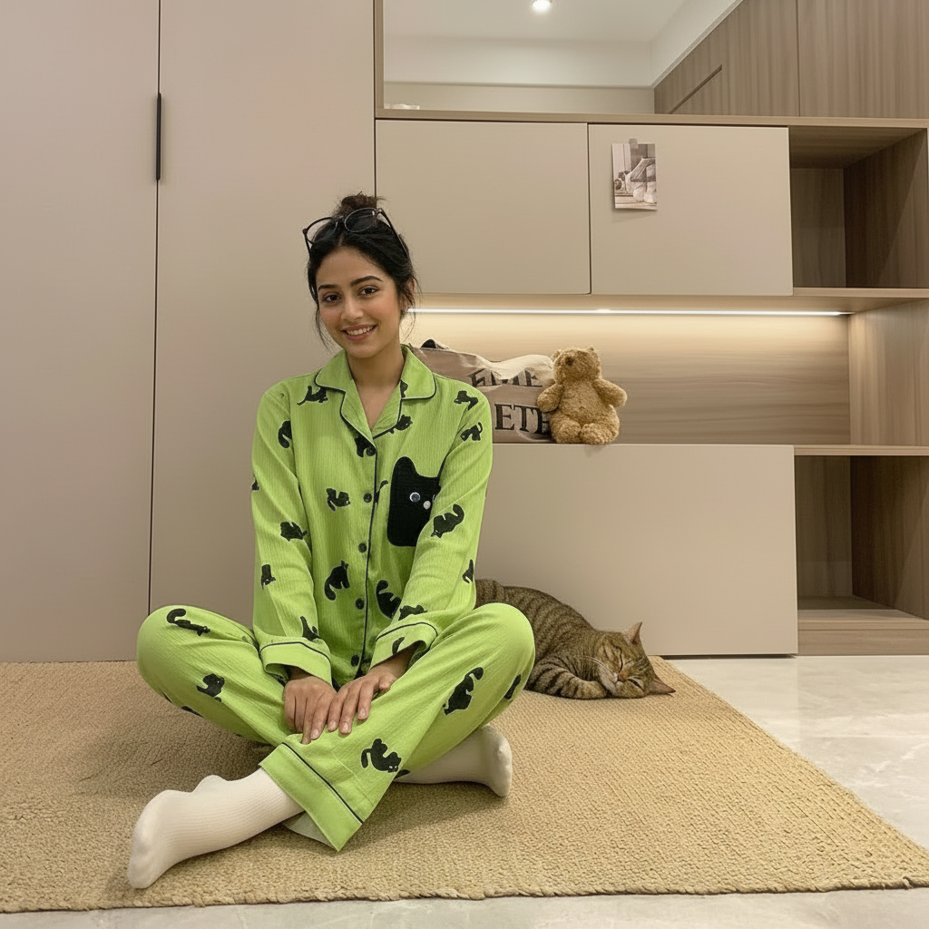 Matcha green padded pajama set with playful cat print from ZeroBra, comfortable Indian lingerie loungewear