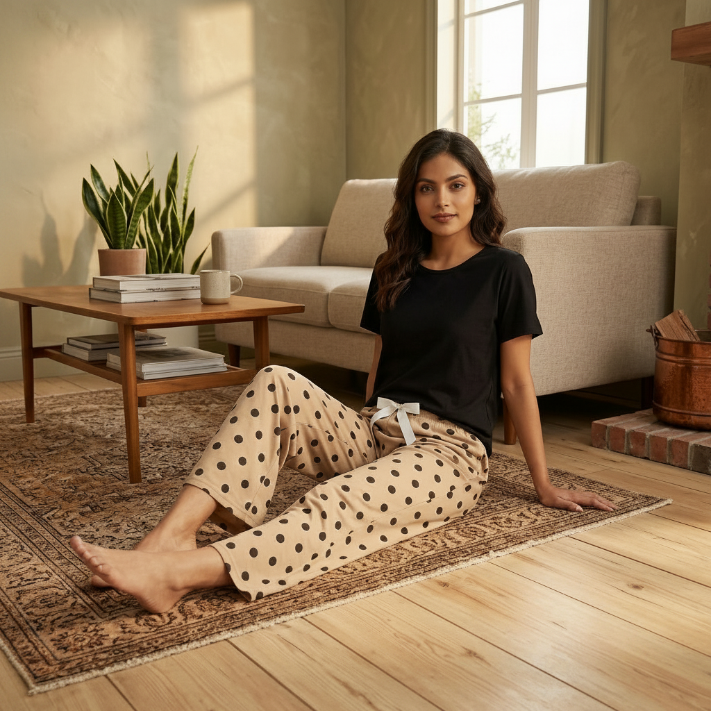 Parisian Polka Lounge Set in polka dot print - comfortable padded nightwear bra and pajama set by ZeroBra India
