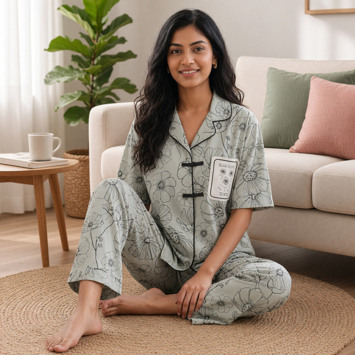 Sage Bloom Padded Frog-Button PJ Set