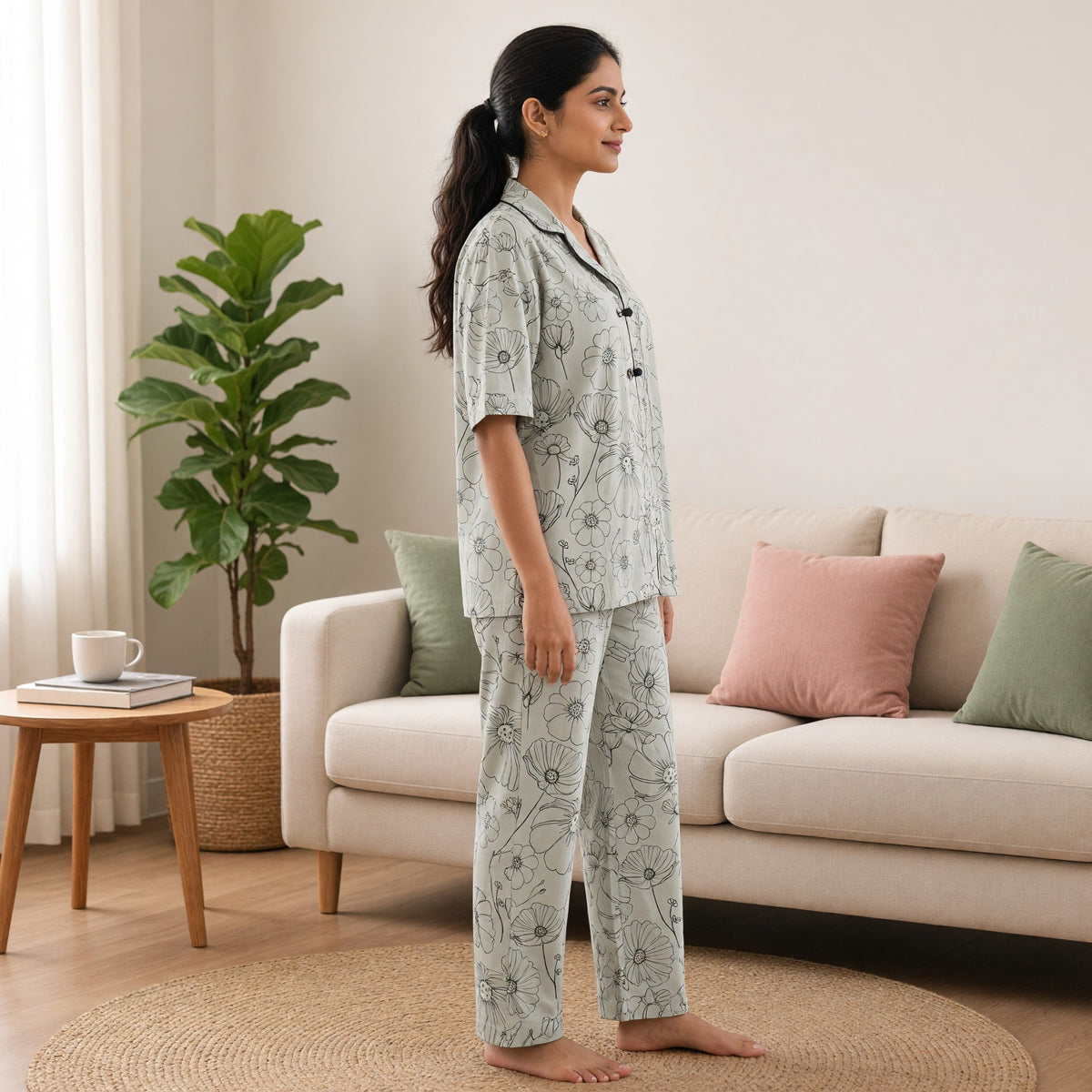 Sage Bloom Padded Frog-Button PJ Set