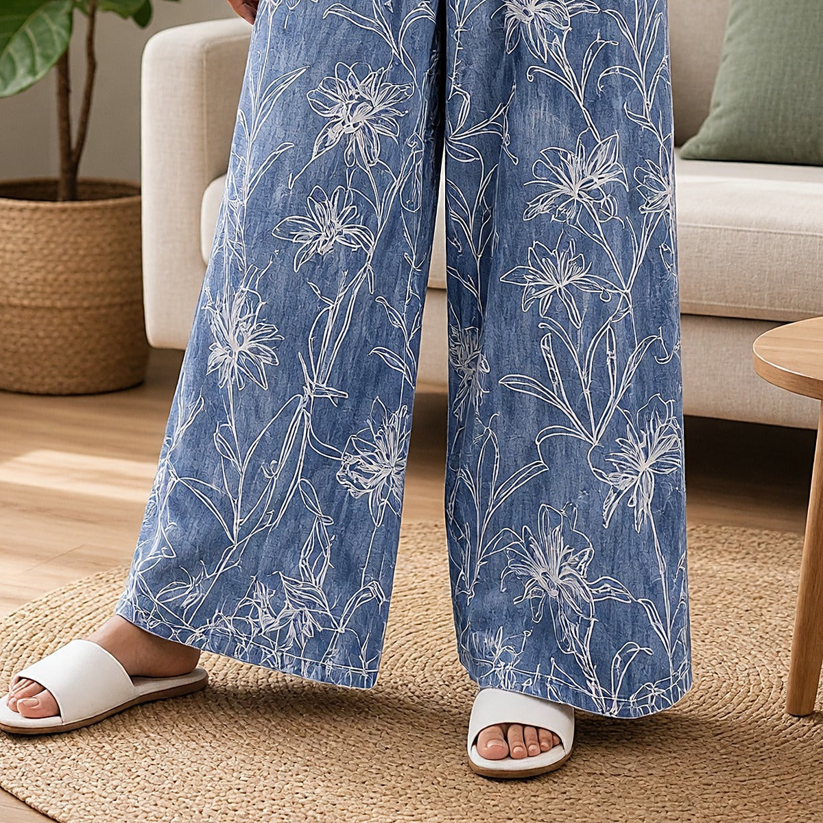 Slate Blue Botanical Wide-Leg Lounge Pants