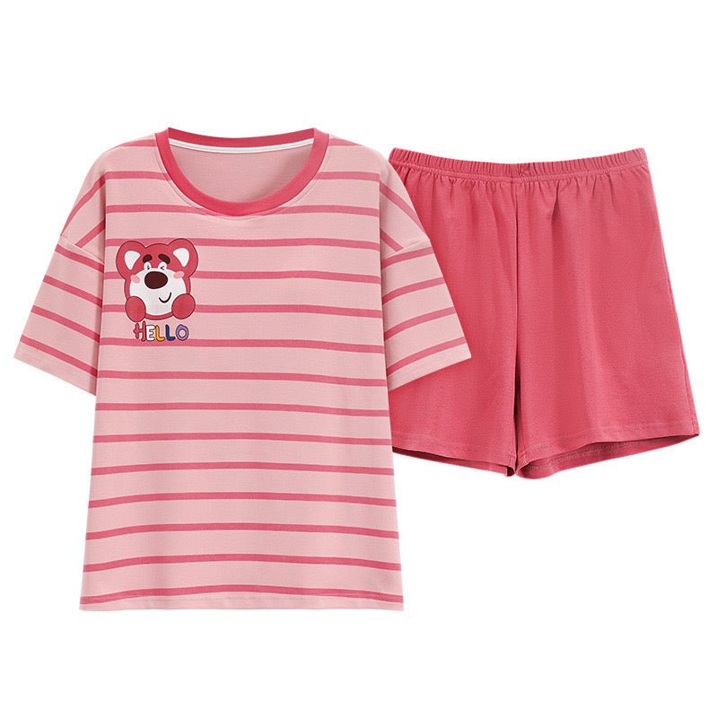 Striped Bear Print Built - In Bra Pajama Set – Cute & Comfy - Zero Bra