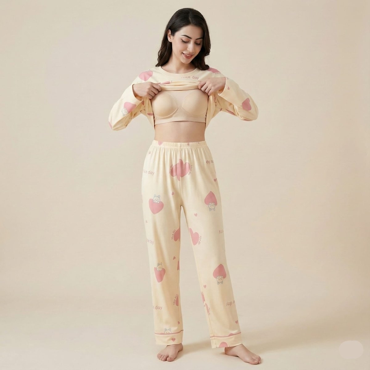 Sweetheart Bunny Padded PJ Set – Blush Beige Edition - Zero Bra