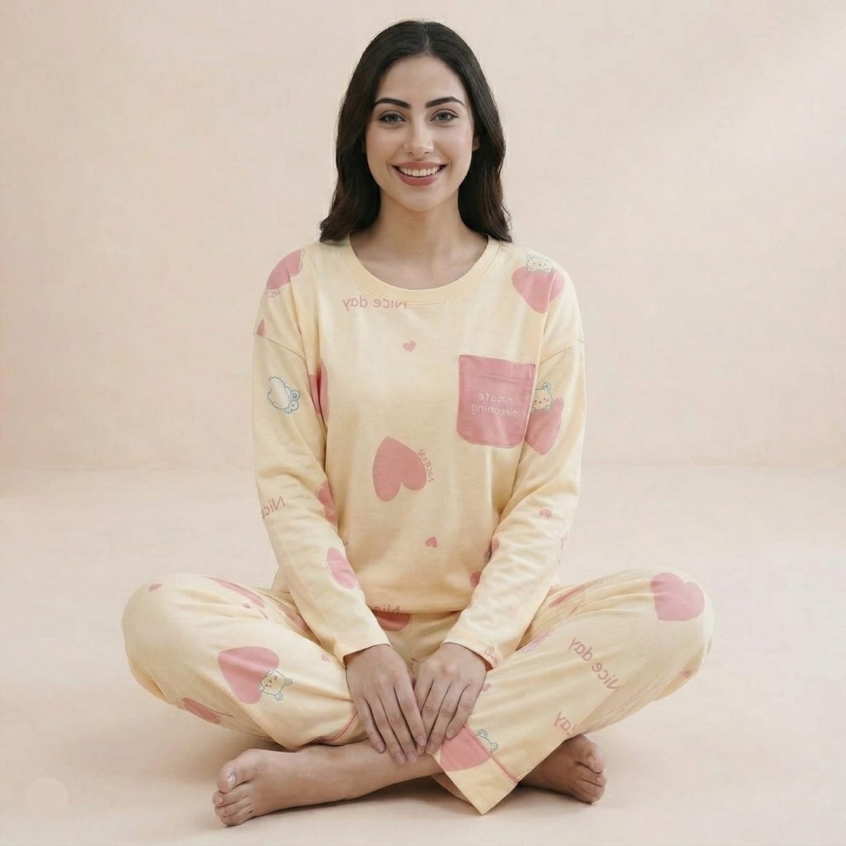 Sweetheart Bunny Padded PJ Set – Blush Beige Edition - Zero Bra