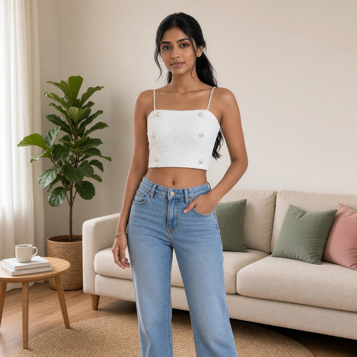 Tweed Chain-Strap Built-in Bra Top