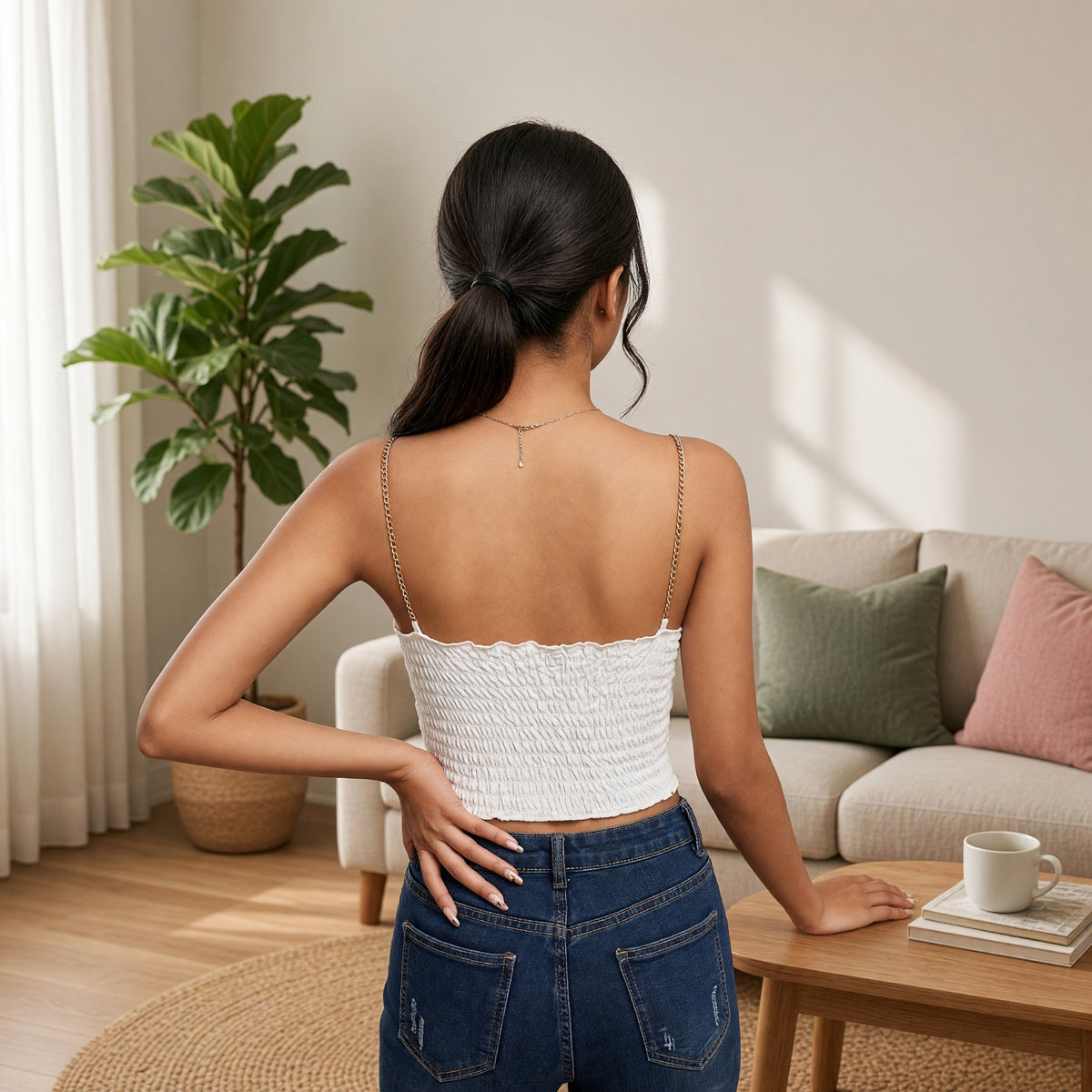 Tweed Chain-Strap Built-in Bra Top