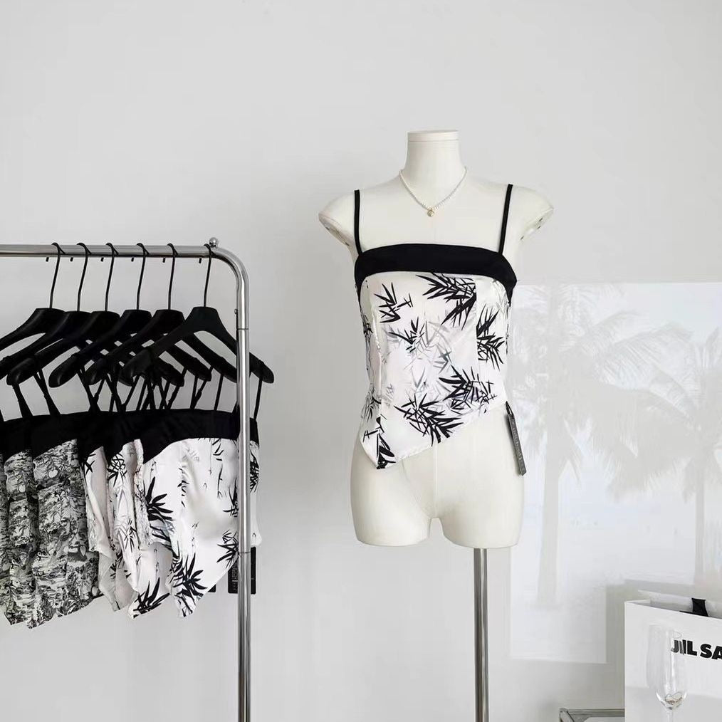 Vintage Chic Asymmetrical Built - In Bra Cami – Monochrome Elegance - Zero Bra