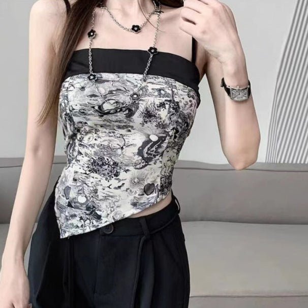 Vintage Chic Asymmetrical Built - In Bra Cami – Monochrome Elegance - Zero Bra