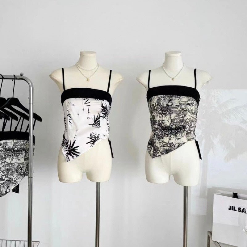 Vintage Chic Asymmetrical Built - In Bra Cami – Monochrome Elegance - Zero Bra
