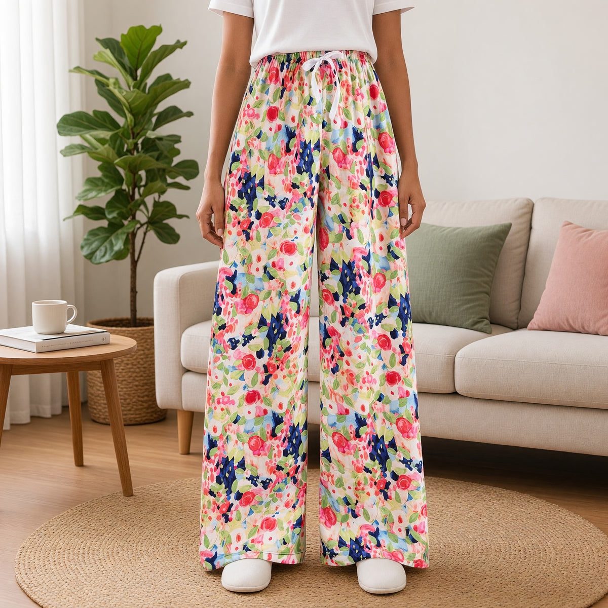 Watercolor Floral Wide-Leg Lounge Pants