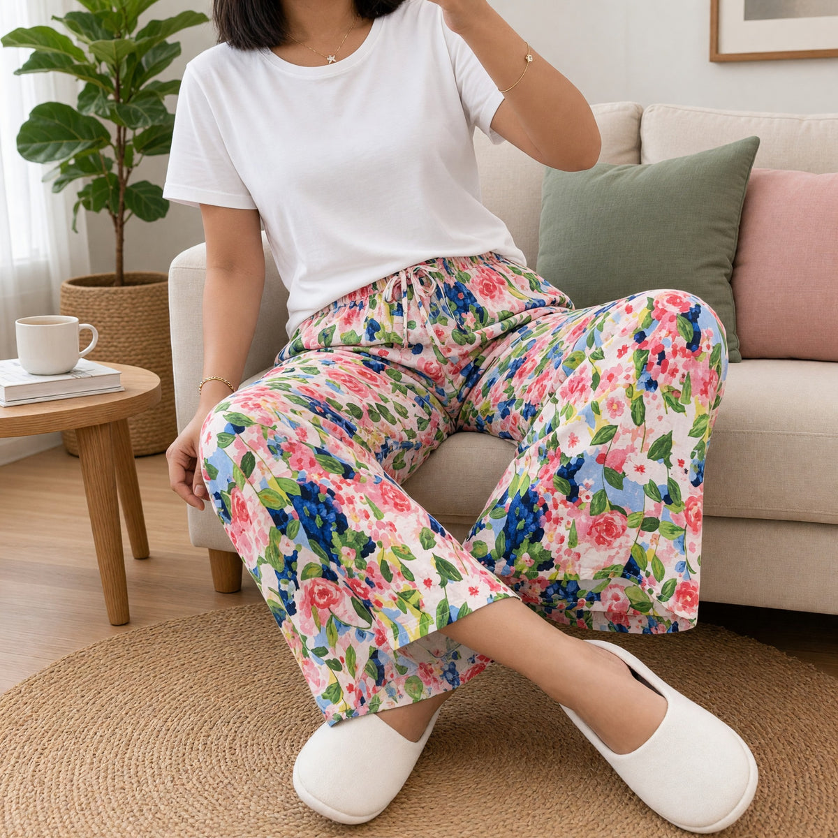 Watercolor Floral Wide-Leg Lounge Pants