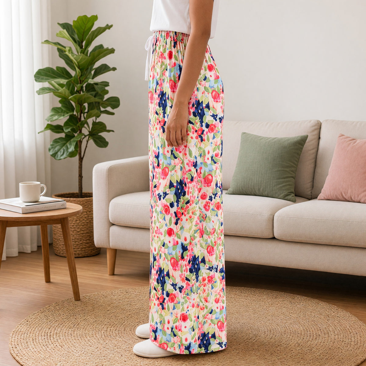 Watercolor Floral Wide-Leg Lounge Pants